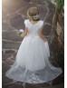 Beaded White Lace Tulle Flower Girl Dress Communion Dress